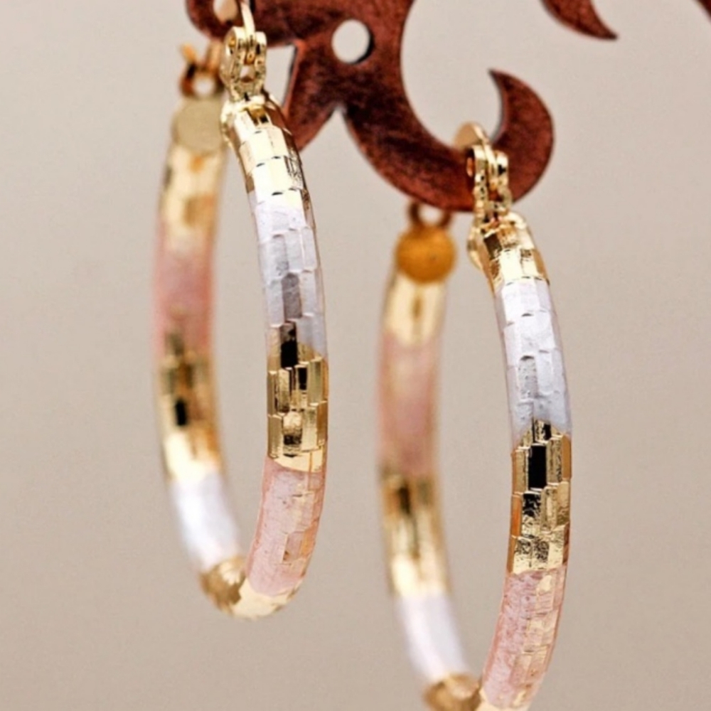 Tri Tone Classy Diamond Cut Hoop Earrings Ear Ring - Picture 2 of 4